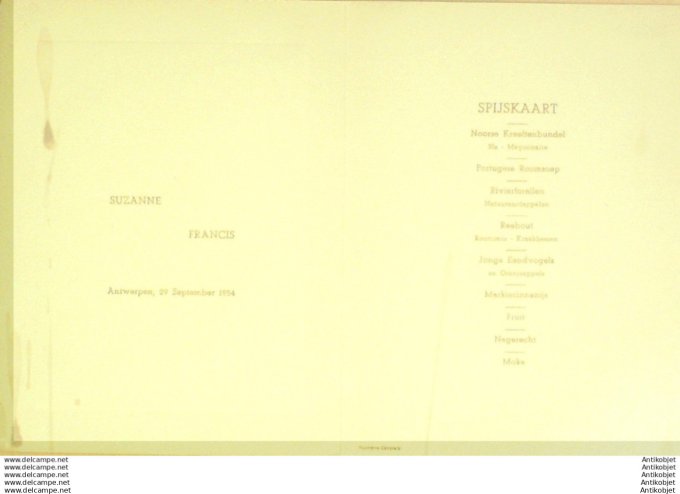Menu illustre de Mariage Suzanne & Francis signe Renaudin Anvers 1954