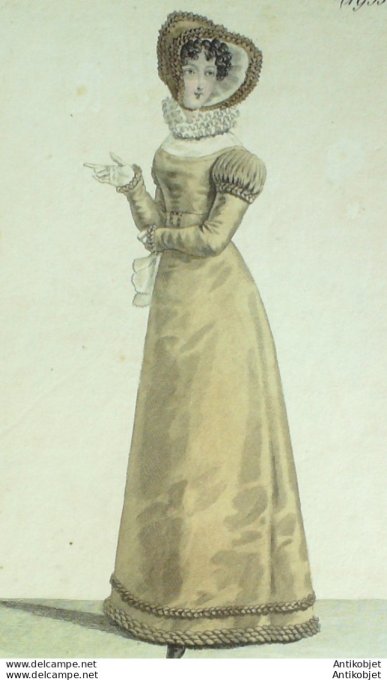 Gravure de mode Costume Parisien 1820 n°1933 Robe de gros de Naples garnie