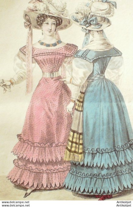 Gravure de mode Costume Parisien 1826 n°2434 Robes mousseline imprimées