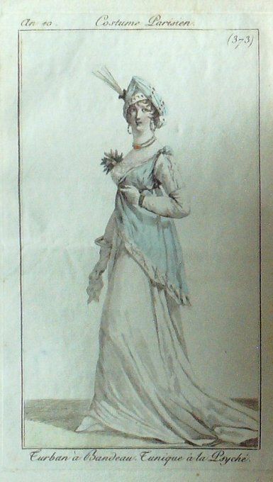Gravure Mode Costume Parisien 1802 an 10 # 373 (eau forte old Fashion plate