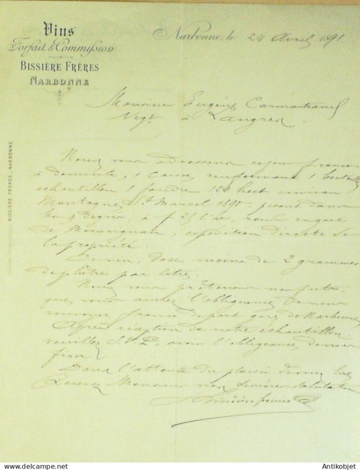 Lettre Ciale Bissières frères (vins) 1891 à Narbonne (66)