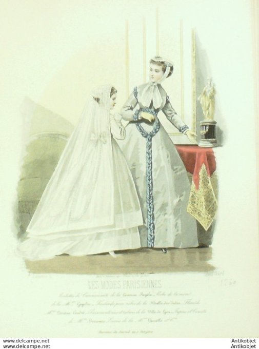 Gravure Les Modes Parisiennes 1865 #1260 Robe communiante Maison Couronne Royale