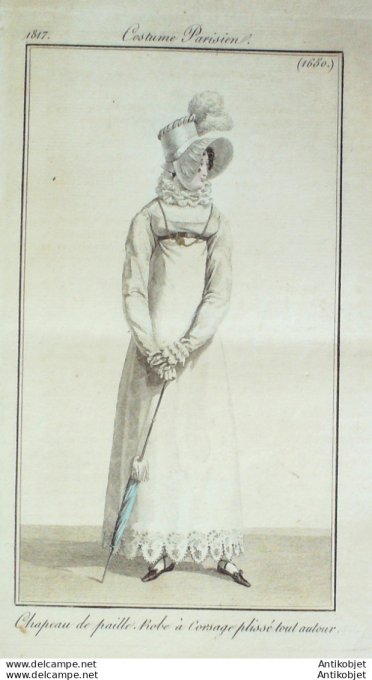 Gravure de mode Costume Parisien 1817 n°1650 Robe à corsage plissé tout autour