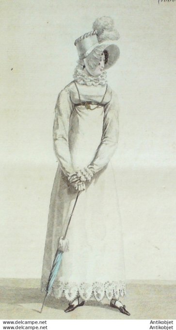 Gravure de mode Costume Parisien 1817 n°1650 Robe à corsage plissé tout autour