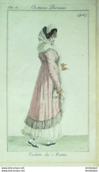 Gravure de mode Costume Parisien 1803 n° 455 (An 11) Toilette du matin