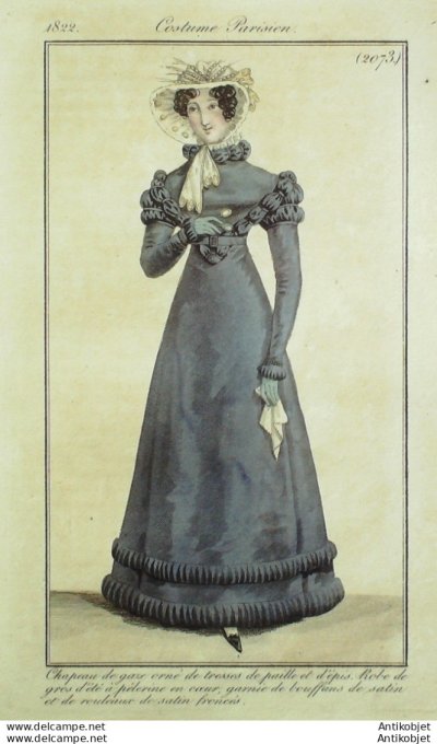 Gravure de mode Costume Parisien 1822 n°2073 Robe de gros d'été en pélerine
