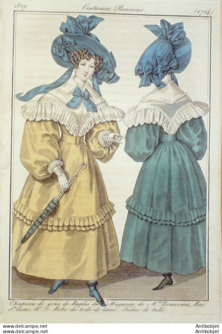 Gravure de mode Costume Parisien 1828 n°2724 Chapeau de paille capote à passe