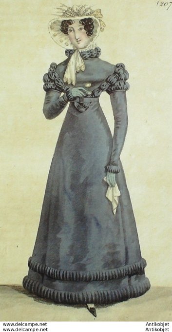 Gravure de mode Costume Parisien 1822 n°2073 Robe de gros d'été en pélerine