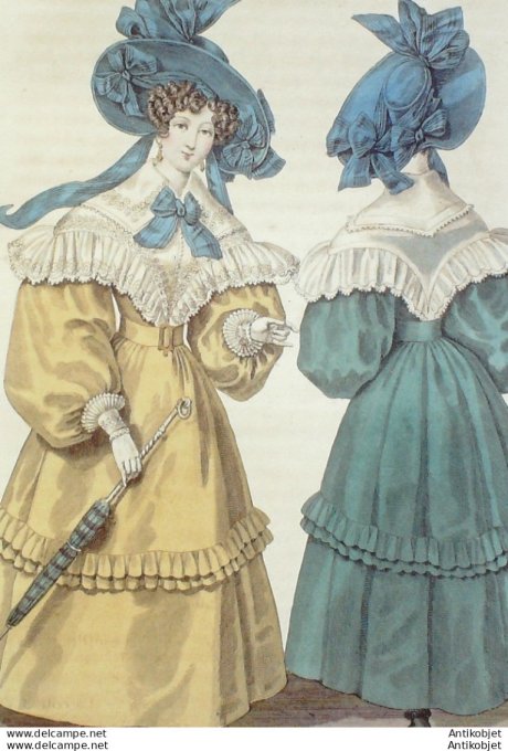 Gravure de mode Costume Parisien 1828 n°2724 Chapeau de paille capote à passe