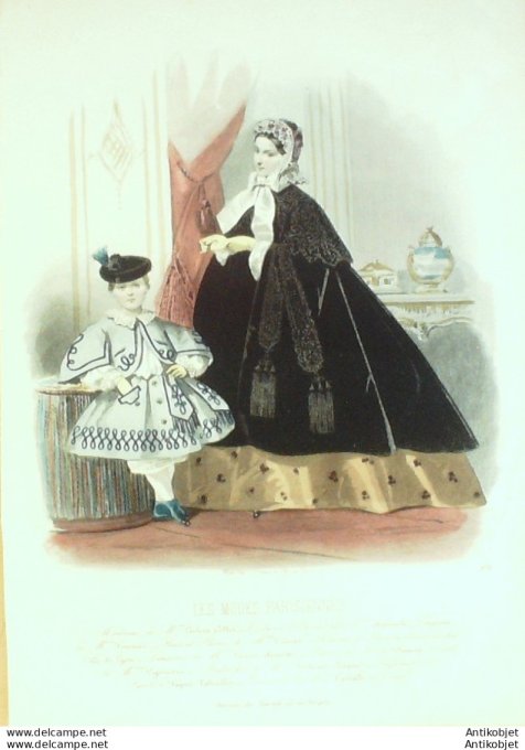Gravure Les Modes Parisiennes 1861 # 970 Robe en lin Maison Leclère-Collot