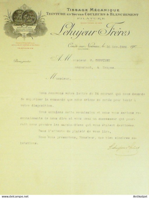 Lettre Ciale Lehujeur Frères (Teinture) 1906 Condé-sur-Noireau (14)