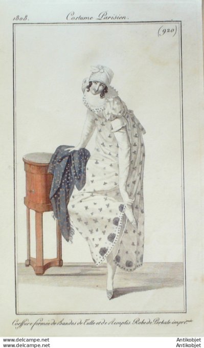 Gravure de mode Costume Parisien 1808 n° 920 Robe perkale imprimée