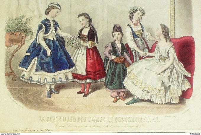 Gravure Mode Conseiller des Dames 1864 #  2 (aquarellee Old Fashion plate)