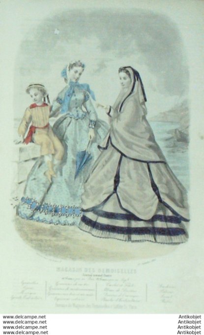 Gravure Mode Magasin Demoiselles 1864 #  9 (aquarellee Old Fashion plate)