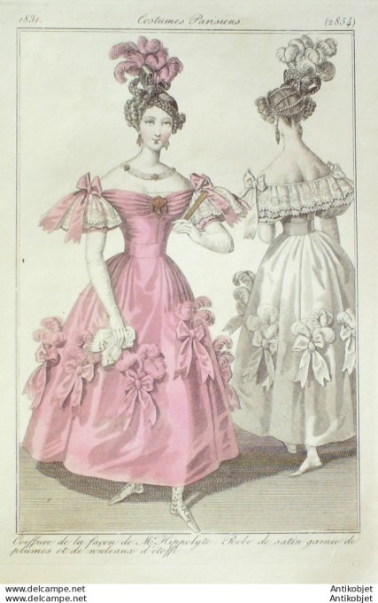 Gravure de mode Costume Parisien 1831 n°2854 Robe de satin garnie de plumes