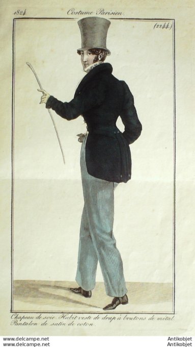 Gravure de mode Costume Parisien 1824 n°2244 Habit vestehomme  de drap pantalon