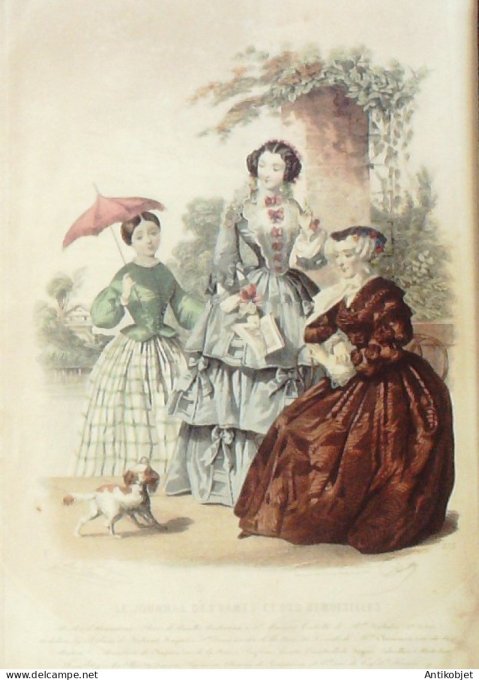 Gravure de mode Journal des Dames Demoiselles 1855 n°373 (Maison Hachez) chien