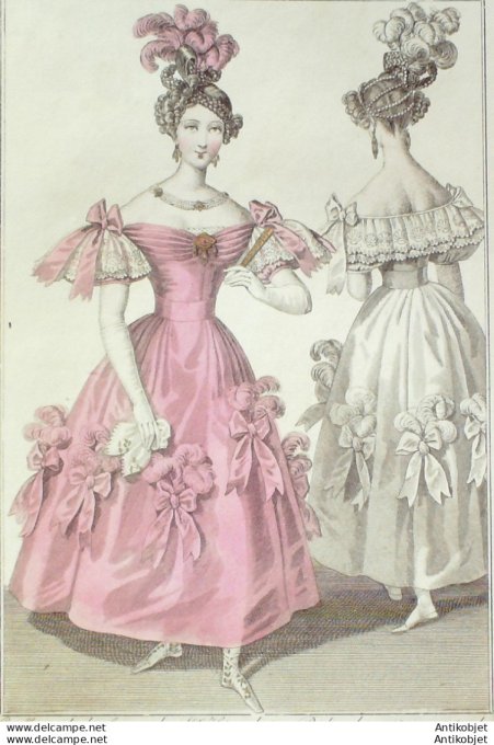 Gravure de mode Costume Parisien 1831 n°2854 Robe de satin garnie de plumes
