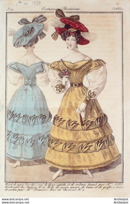 Gravure de mode Costume Parisien 1829 n°2660 Robe de moire  griffes à lisérés de satin