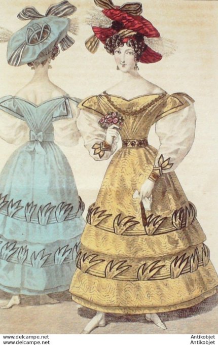 Gravure de mode Costume Parisien 1829 n°2660 Robe de moire  griffes à lisérés de satin