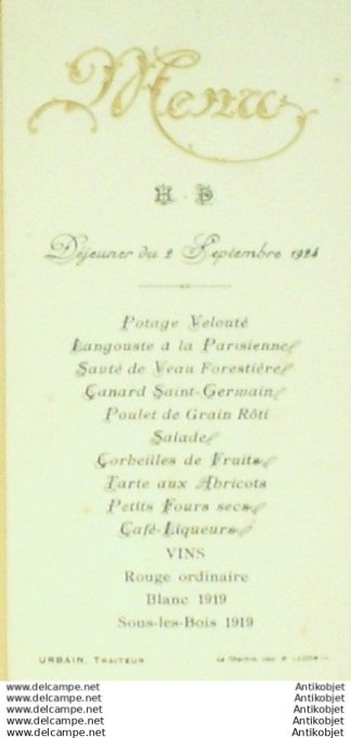 Menu du Traiteur Arnaud Urbain à Jurbise Belgique 1924