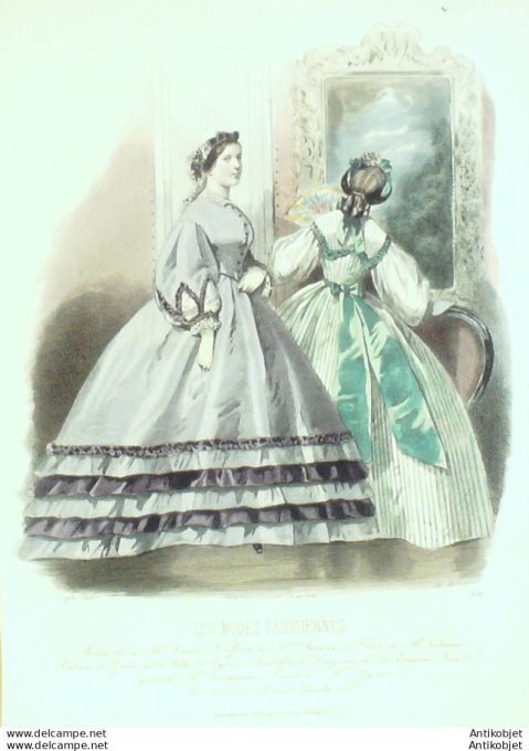 Gravure Les Modes Parisiennes 1861 # 971 Robes en Maison Fauvet