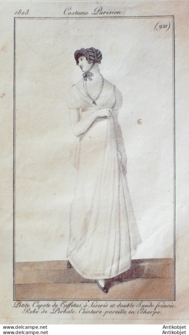 Gravure de mode Costume Parisien 1808 n° 921 Robe perkale