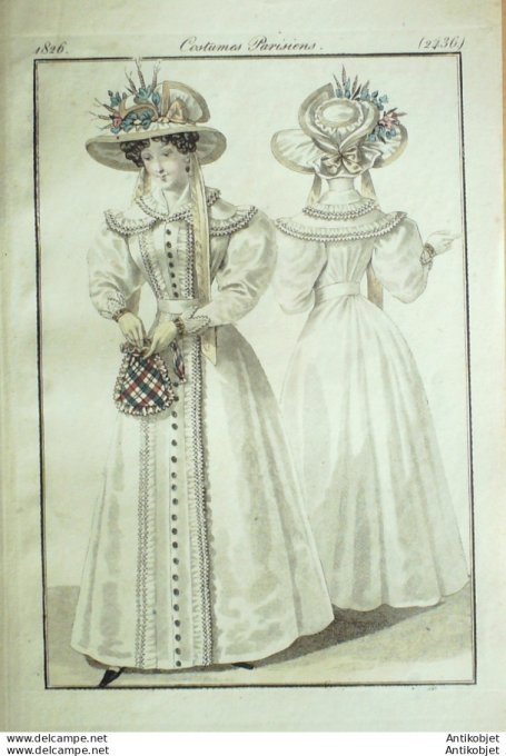 Gravure de mode Costume Parisien 1826 n°2436 Robes de perkale  garnies de broderies