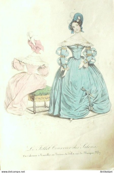 Gravure Mode Le Follet 1829 # 152 (aquarelle Old Fashion plate)