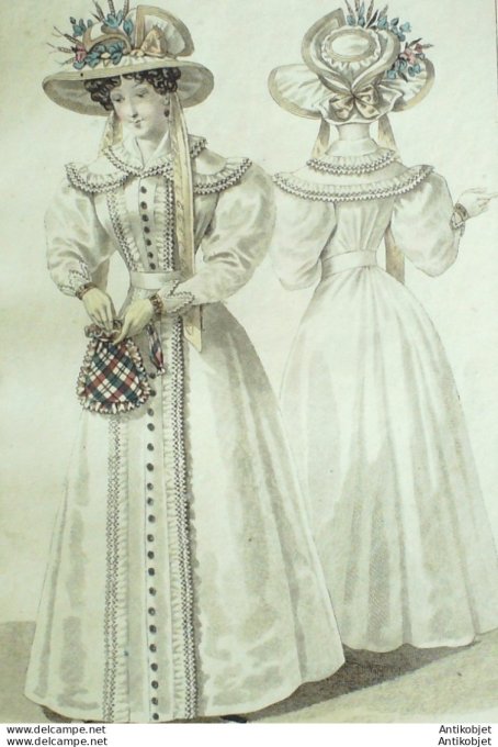 Gravure de mode Costume Parisien 1826 n°2436 Robes de perkale  garnies de broderies