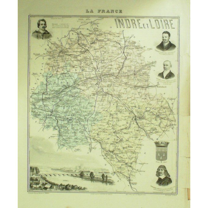 Carte INDRE et LOIRE (37) TOURSGraveur LECOQ WALTNER BARBIER 1868
