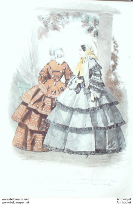 Gravure Les Modes Parisiennes 1852 # 705 Robes en gros de Naples  Maison Fauvet