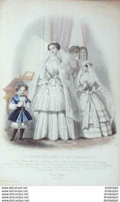 Gravure de mode Journal des Dames Demoiselles 1855 n°390 (Maison Popelin-Ducarre) mariée