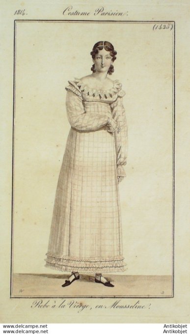Gravure de mode Costume Parisien 1814 n°1425 Robe mousseline à la vierge