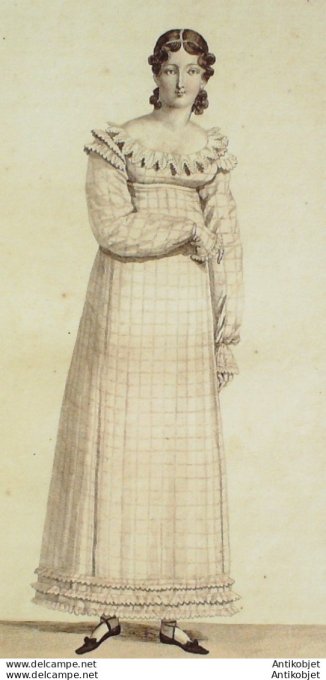 Gravure de mode Costume Parisien 1814 n°1425 Robe mousseline à la vierge