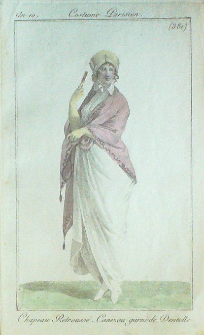 Gravure Mode Costume Parisien 1802 an 10 # 381 (eau forte old Fashion plate