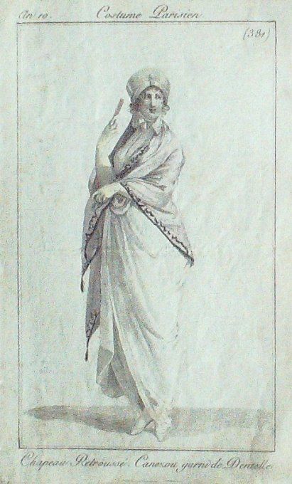 Gravure Mode Costume Parisien 1802 an 10 # 381 (eau forte old Fashion plate
