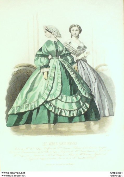 Gravure Les Modes Parisiennes 1861 # 972 Robes velours Maison Ghys