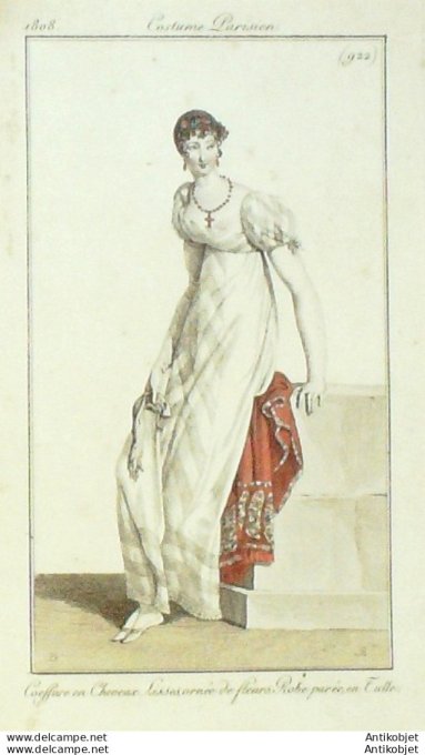 Gravure de mode Costume Parisien 1808 n° 922 Robe parée en tulle