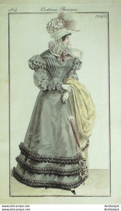 Gravure de mode Costume Parisien 1824 n°2245 Robe gros d'été Colerette de tulle