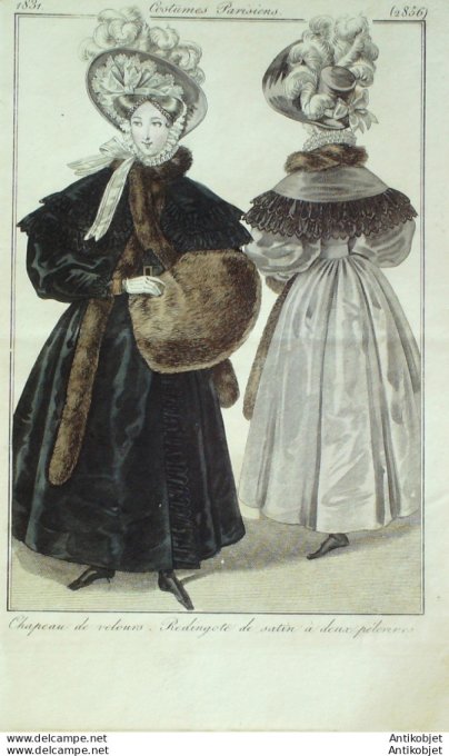 Gravure de mode Costume Parisien 1831 n°2856 Redingote de satin à deux pélerines