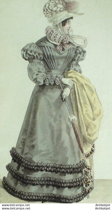 Gravure de mode Costume Parisien 1824 n°2245 Robe gros d'été Colerette de tulle