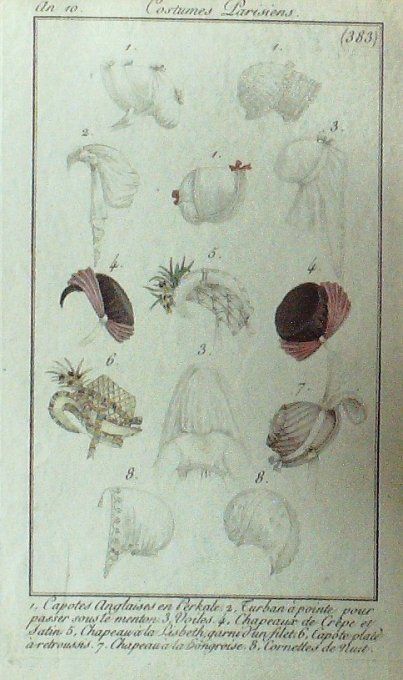 Gravure Mode Costume Parisien 1802 an 10 # 383 (eau forte old Fashion plate