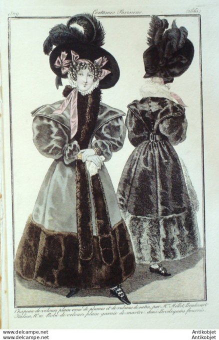 Gravure de mode Costume Parisien 1829 n°2661 Robe velours garnie de martre