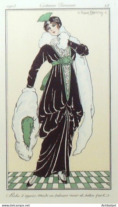 Gravure de mode Costume Parisien 1913 pl.048 DAMMY Robert Robe satin