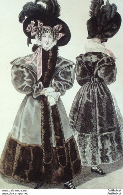 Gravure de mode Costume Parisien 1829 n°2661 Robe velours garnie de martre