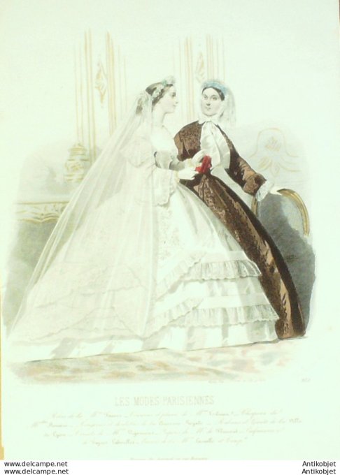 Gravure Les Modes Parisiennes 1861 # 973 Robe de mariée Maison Fauvet