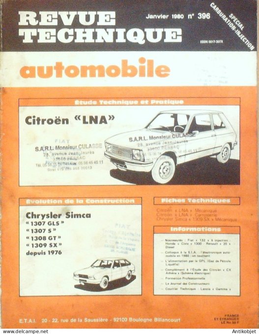 Revue Tech. Automobile 1980 n°396 Citroen Lna Chrysler Simca 1307 1308 1309