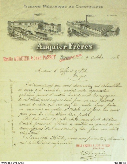 Lettre Ciale Auquier Frères (Tissage Cotonnades) 1906 à Thizy (69)