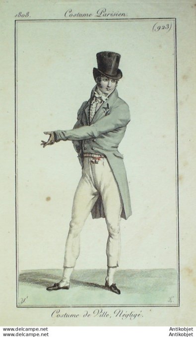 Gravure de mode Costume Parisien 1808 n° 923 Costume homme de ville négligé
